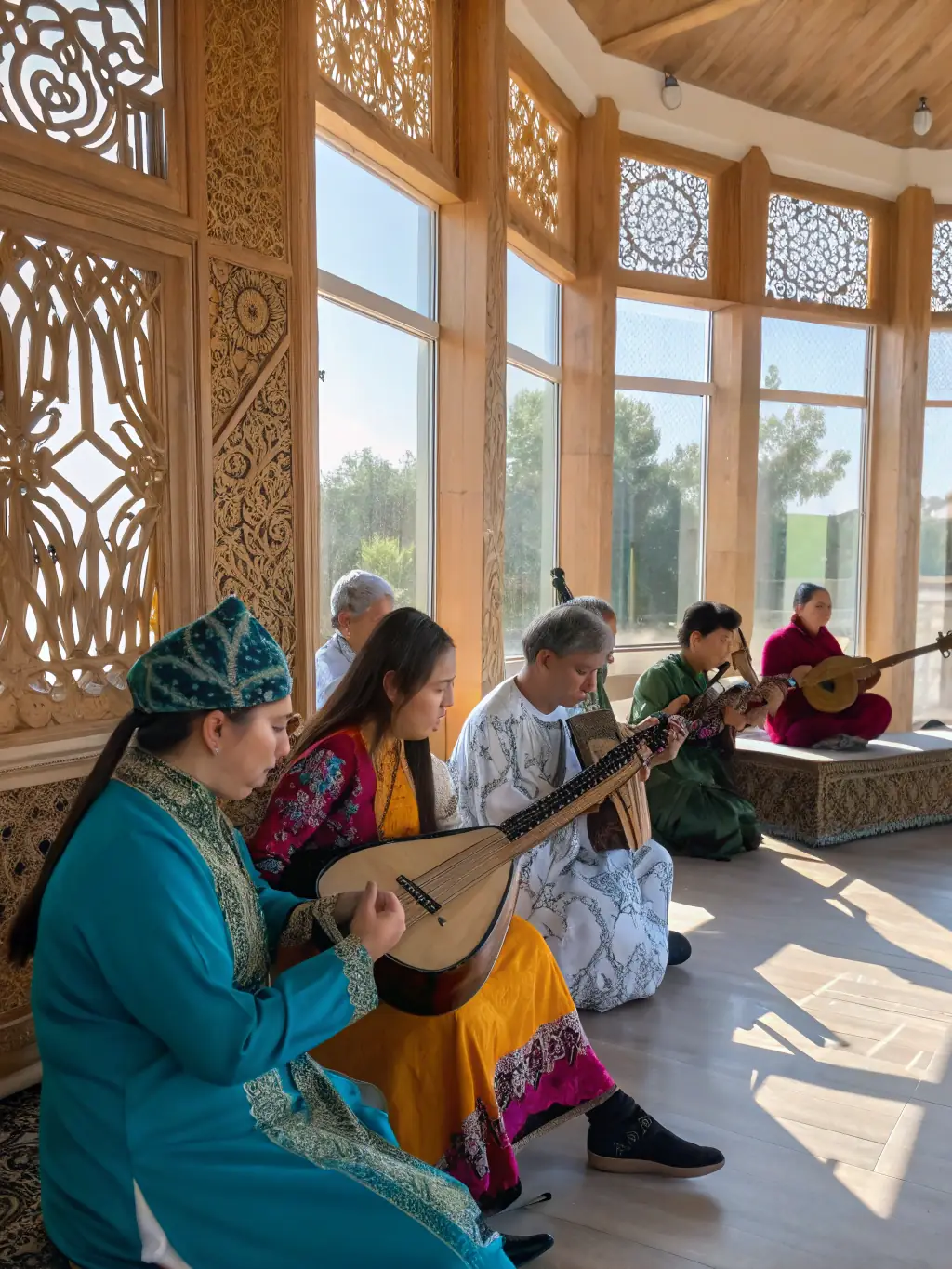 A colorful photo of a music workshop where participants are learning to play traditional instruments, highlighting the hands-on experience and cultural exchange.