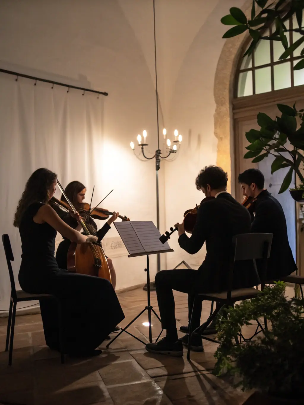 A vibrant photo of a live concert featuring a string quartet performing classical music in a historic concert hall, capturing the elegance and artistry of the event.