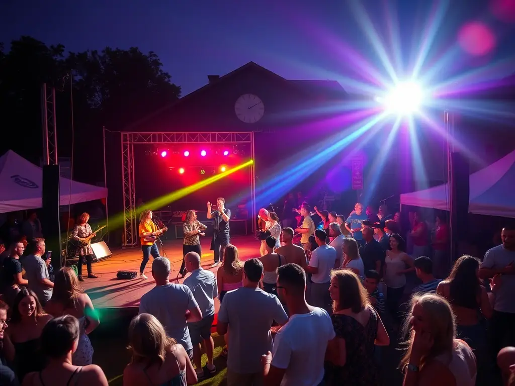 A captivating image of a cultural event organized by ASS DU JUIN MUSICAL, depicting a diverse group of people enjoying music, dance, and other artistic performances in a festive atmosphere.