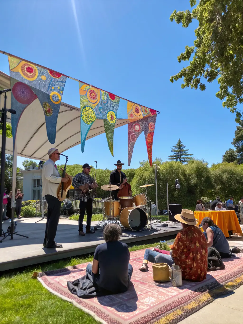 A dynamic image of a jazz ensemble performing on an outdoor stage during a summer festival, showcasing the energy and improvisation of the performance.