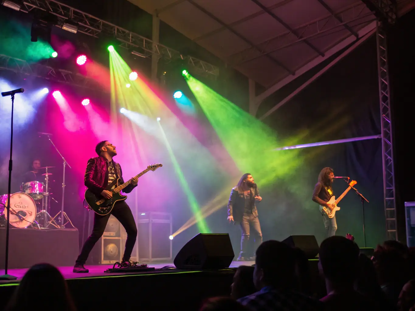 A vibrant image capturing a live concert performance by ASS DU JUIN MUSICAL, showcasing musicians on stage with enthusiastic audience members in the background, bathed in colorful stage lighting.