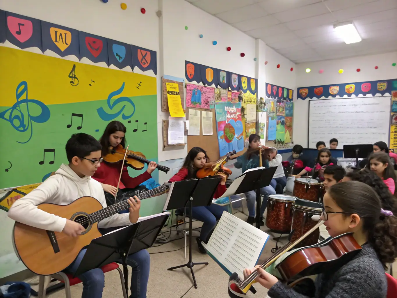 A dynamic image of a music workshop in progress, showing participants of various ages actively engaged in learning and playing musical instruments under the guidance of an instructor.