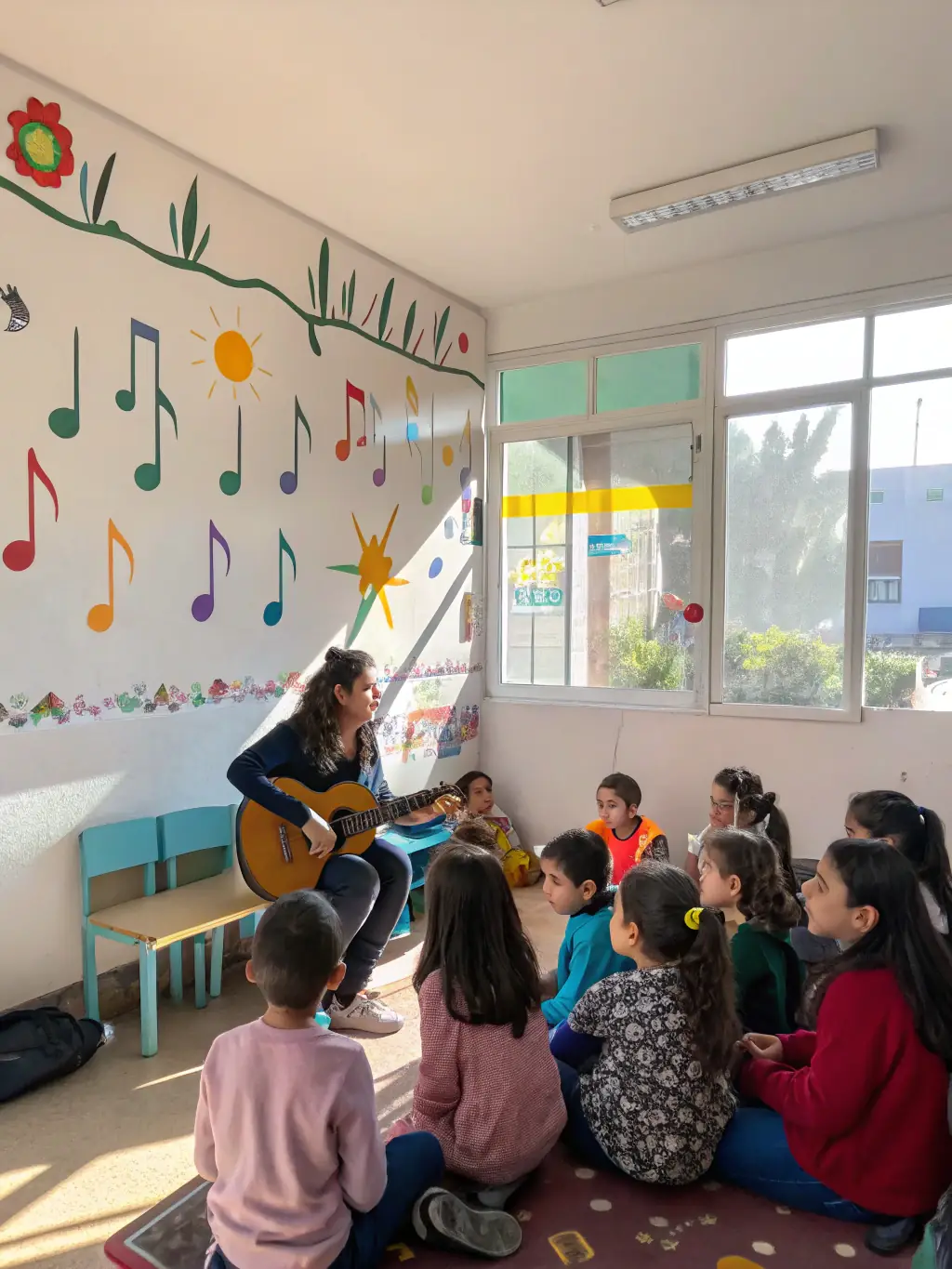 An image of children learning to play the piano at an AJM music education program, highlighting the organization's commitment to nurturing young talent.